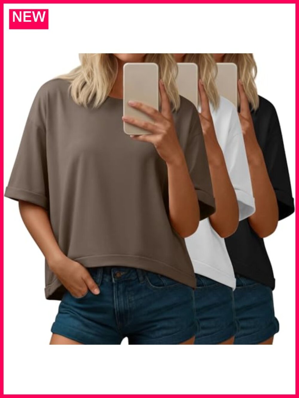 3 Pack Boxy Cropped T-Shirts for Women Oversized Crew Neck Short Sleeve Tees